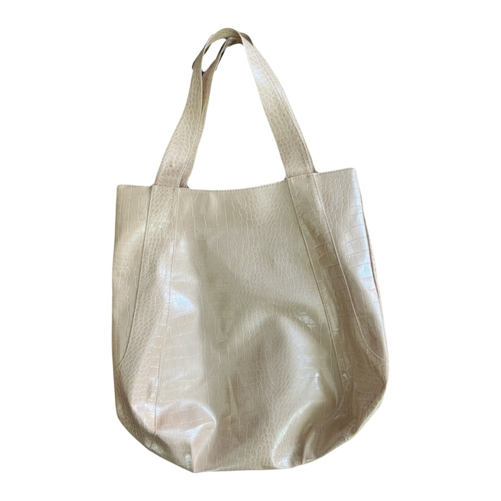 Crocodile Print Tote Shoulder Bag Shiny Cream Off White Purse Travel